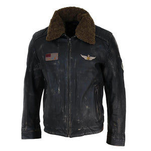 Men's Black Brown Zip Flying Aviator Jacket Fur Collar Badge Pilot - Infinity Leather - 2
