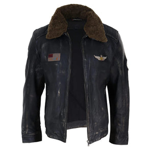 Men's Black Brown Zip Flying Aviator Jacket Fur Collar Badge Pilot - Infinity Leather - 5