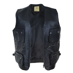 Schwarze Herren-Fischerweste aus Leder mit mehreren Taschen - Aviatrix - 4