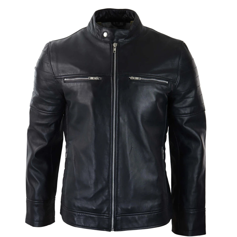 Krótka czarna skórzana kurtka motocyklowa męska zapinana na suwak klasyczna - Infinity Leather - 1