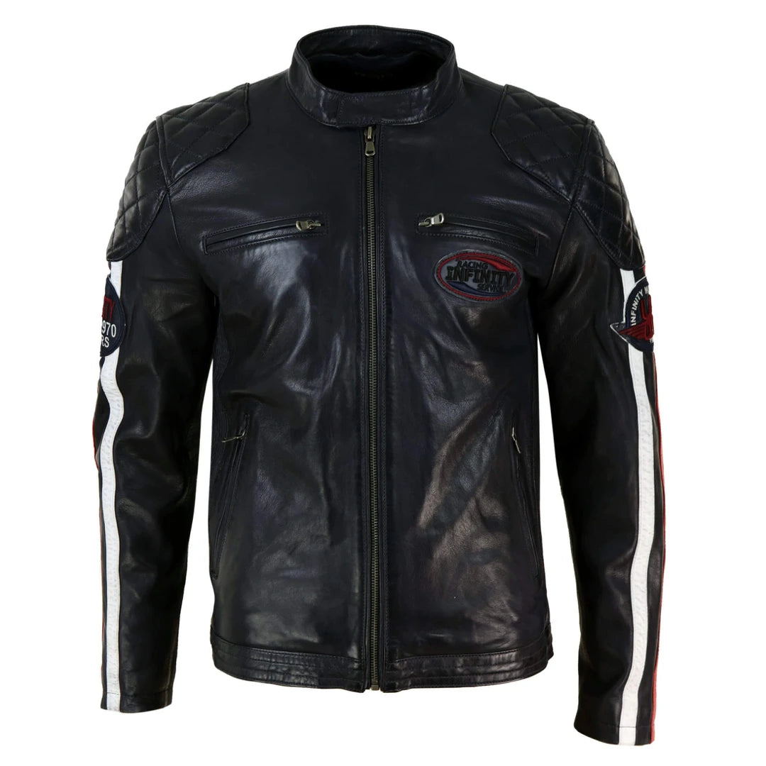 Kurtka wyścigowa męska czarna granatowa brązowa skórzana z paskami na rękawach motocyklowa - Czarny - Infinity Leather - 1