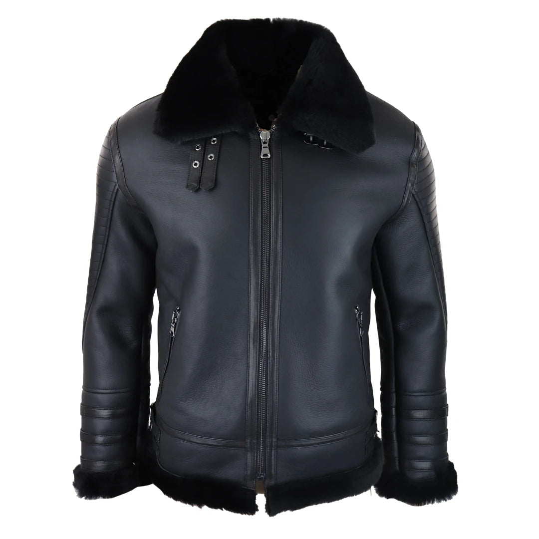 Giacca Nera da Uomo Cappotto Pelle di Montone WW2 Pilota Invernale Calda - Infinity Leather - 1