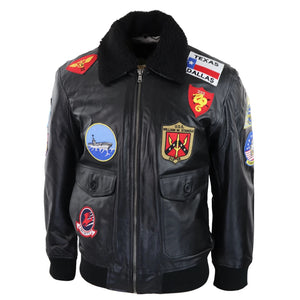 Men's Black Topgun Maverick Jacket Pilot Bomber US Badges Black Fur Tom Cat - Infinity Leather - 2