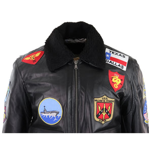 Men's Black Topgun Maverick Jacket Pilot Bomber US Badges Black Fur Tom Cat - Infinity Leather - 4