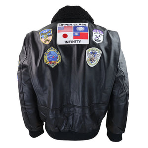 Men's Black Topgun Maverick Jacket Pilot Bomber US Badges Black Fur Tom Cat - Infinity Leather - 9