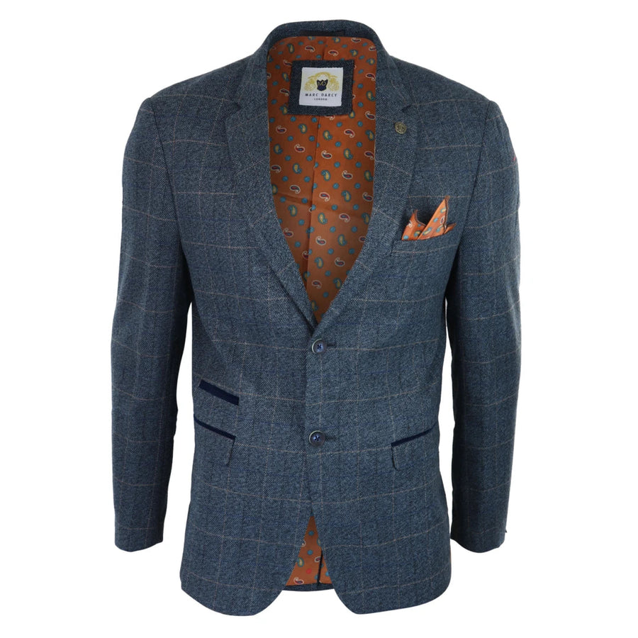 Mens Blue Check Blazer Herringbone Tweed Vintage Tailored Fit Grey Velvet - Marc Darcy - 1