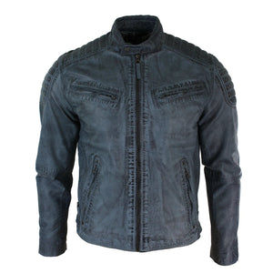 Blaugraue Herren-Bikerjacke aus gewaschenem Leder mit Reißverschluss - Aviatrix - 1