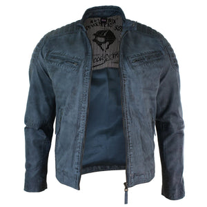 Blaugraue Herren-Bikerjacke aus gewaschenem Leder mit Reißverschluss - Aviatrix - 4