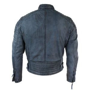 Blaugraue Herren-Bikerjacke aus gewaschenem Leder mit Reißverschluss - Aviatrix - 5