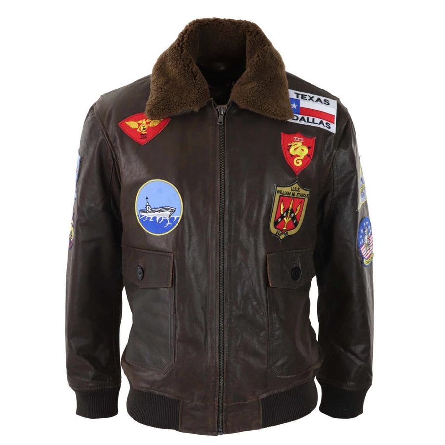 Brązowa kurtka pilotka męska Top Gun z przetartą fakturą i futrzanym kołnierzem - Infinity Leather - 1