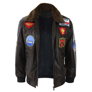 Brązowa kurtka pilotka męska Top Gun z przetartą fakturą i futrzanym kołnierzem - Infinity Leather - 3