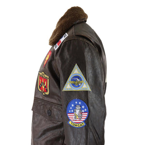 Brązowa kurtka pilotka męska Top Gun z przetartą fakturą i futrzanym kołnierzem - Infinity Leather - 5