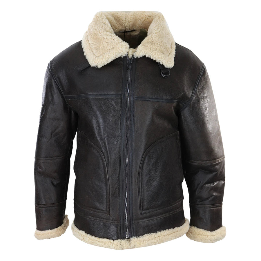 Men's Brown Sheepskin Flying Jacket Zipped Cream Fur Classic WW2 Pilot Military - Infinity Leather - 1