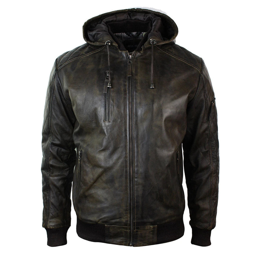 Gesteppte Bomberjacke aus braunem verwaschenem Distressed-Leder mit abnehmbarer Kapuze für Herren - Aviatrix - 1