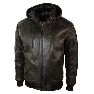 Gesteppte Bomberjacke aus braunem verwaschenem Distressed-Leder mit abnehmbarer Kapuze für Herren - Aviatrix - 2