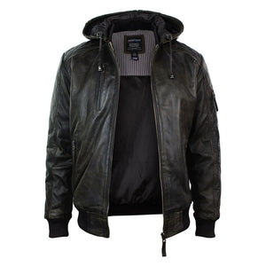 Gesteppte Bomberjacke aus braunem verwaschenem Distressed-Leder mit abnehmbarer Kapuze für Herren - Aviatrix - 4