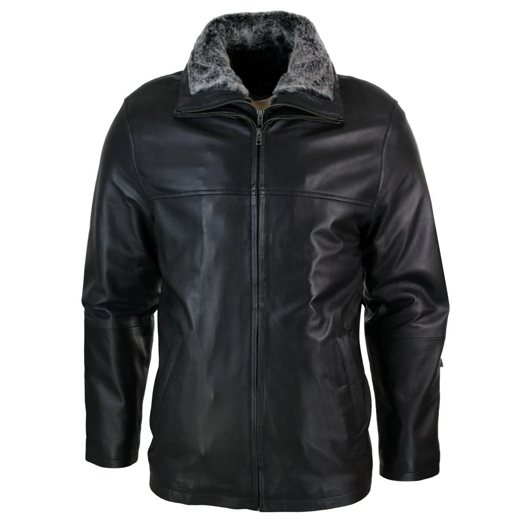 Giacca Lunga da Uomo in Vera Pelle Calda Invernale con Colletto in Pelo - LLD - 1