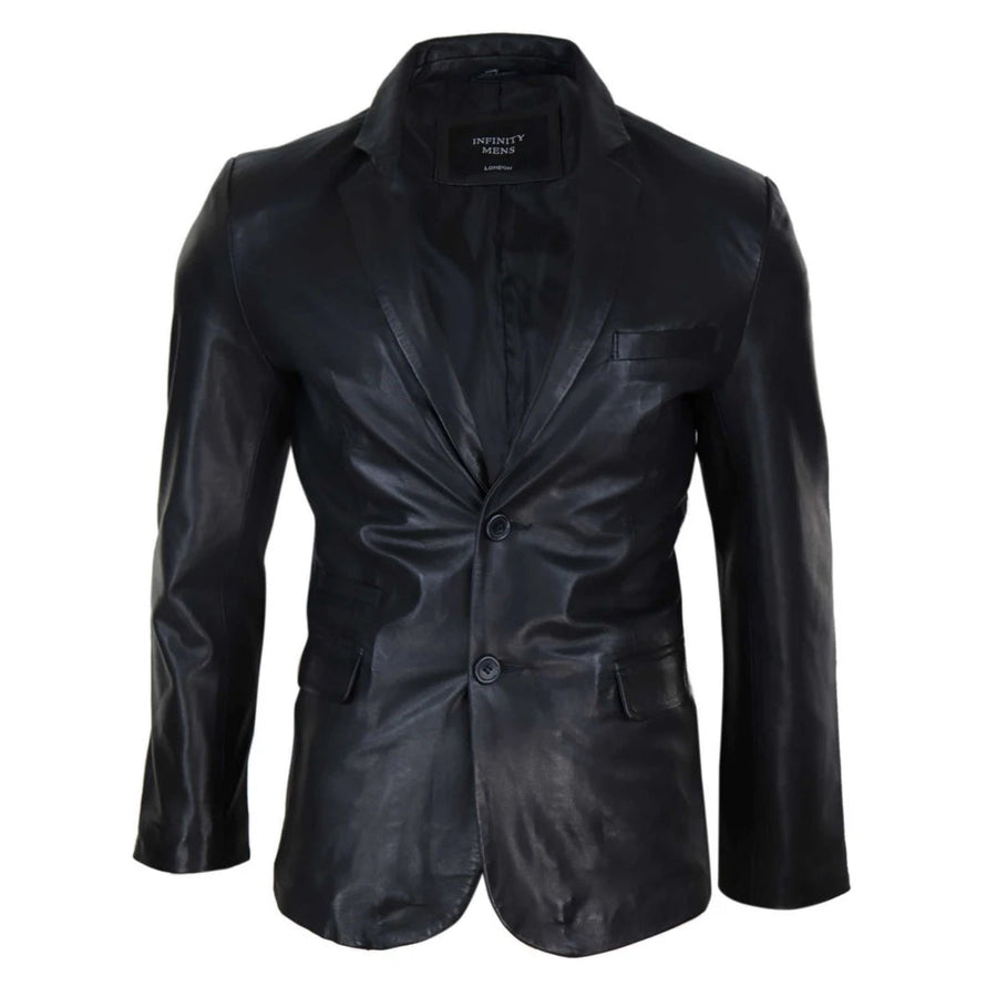 Men's Classic Leather 2 Button Blazer Jacket - Black - Infinity Leather - 1