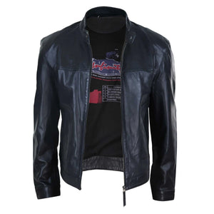 Klasyczna skórzana kurtka motocyklowa męska bez kołnierza - Czarny - Infinity Leather - 3