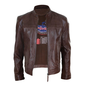 Klasyczna skórzana kurtka motocyklowa męska bez kołnierza - Brązowy - Infinity Leather - 8