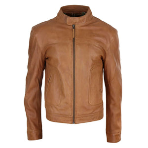 Klasyczna skórzana kurtka motocyklowa męska bez kołnierza - Jasnobrązowy - Infinity Leather - 16