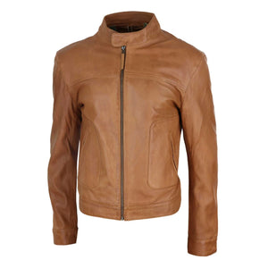 Klasyczna skórzana kurtka motocyklowa męska bez kołnierza - Jasnobrązowy - Infinity Leather - 17