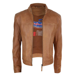 Klasyczna skórzana kurtka motocyklowa męska bez kołnierza - Jasnobrązowy - Infinity Leather - 18