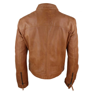 Klasyczna skórzana kurtka motocyklowa męska bez kołnierza - Jasnobrązowy - Infinity Leather - 20
