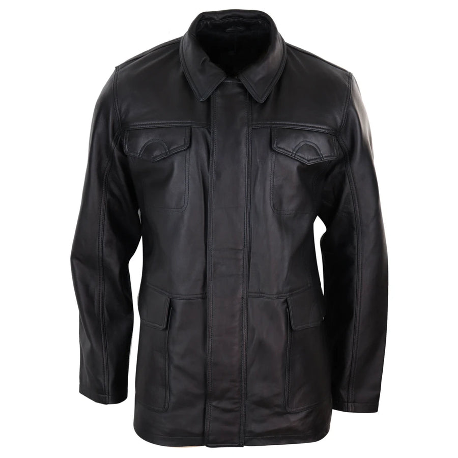 Men's Classic Leather Safari Jacket Over Coat Soft Napa Leather Regular Fit - Infinity Leather - 1