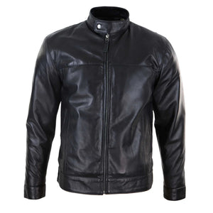 Czarna kurtka męska skórzana na zamek z kołnierzem Nehru - Czarny - Infinity Leather - 1
