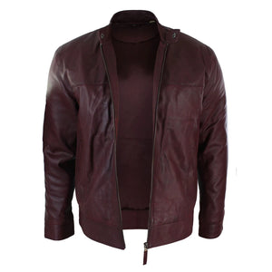 Czarna kurtka męska skórzana na zamek z kołnierzem Nehru - Bordowy - Infinity Leather - 8