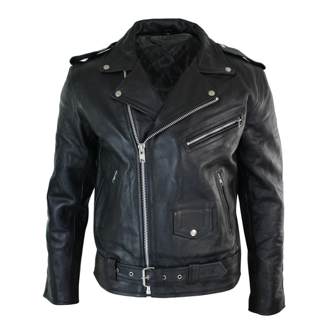 Herren-Rindsleder-Original-Cross-Zip-Brando-Biker-Motorrad-Lederjacke - Schwarz - Infinity Leather - 1