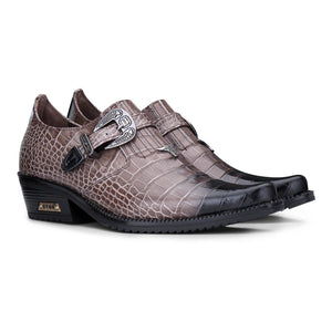 Chaussures pour homme cuir véritable style Western croco boucle métallique talon cubain Winklepickers - Marron - Etor - 3