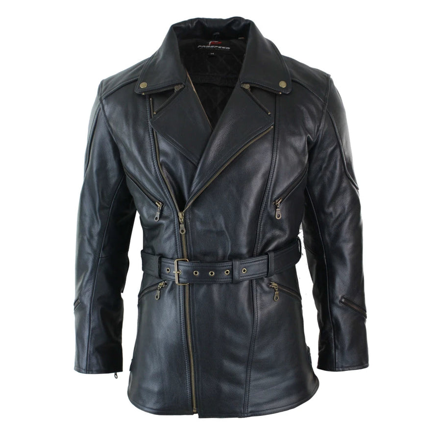 Giacca da Motociclista Lunga in Pelle da Uomo Con Cerniera Incrociata con Armatura Ce - Pro Speed - 1