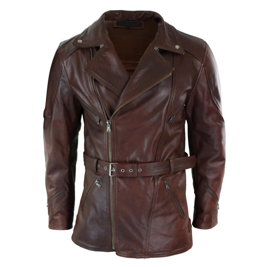 Schwarze 3/4-Motorrad-Biker-Langlederjacke für Herren mit Kreuzreißverschluss und Gürtel von CE Armor - Pro Speed - 1