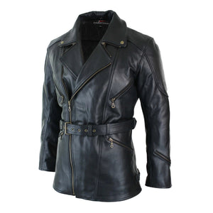 Schwarze 3/4-Motorrad-Biker-Langlederjacke für Herren mit Kreuzreißverschluss und Gürtel von CE Armor - Pro Speed - 2