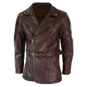 Schwarze 3/4-Motorrad-Biker-Langlederjacke für Herren mit Kreuzreißverschluss und Gürtel von CE Armor - Pro Speed - 2