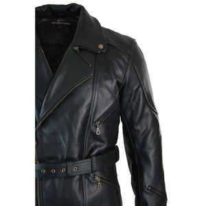 Schwarze 3/4-Motorrad-Biker-Langlederjacke für Herren mit Kreuzreißverschluss und Gürtel von CE Armor - Pro Speed - 3