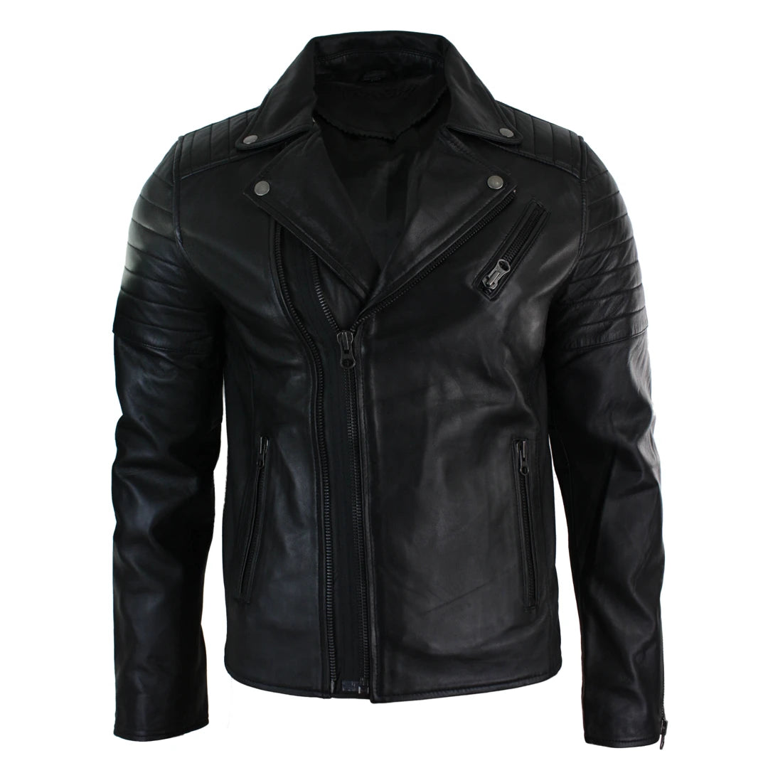 Giacca Aderente da Uomo in Vera Pelle e Zip Laterale Biker Brando retro Vintage - Nero - Infinity Leather - 1
