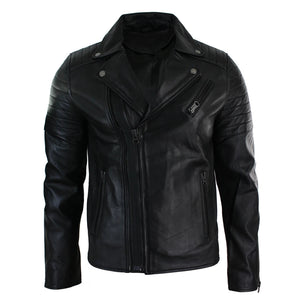 Giacca Aderente da Uomo in Vera Pelle e Zip Laterale Biker Brando retro Vintage - Nero - Infinity Leather - 1