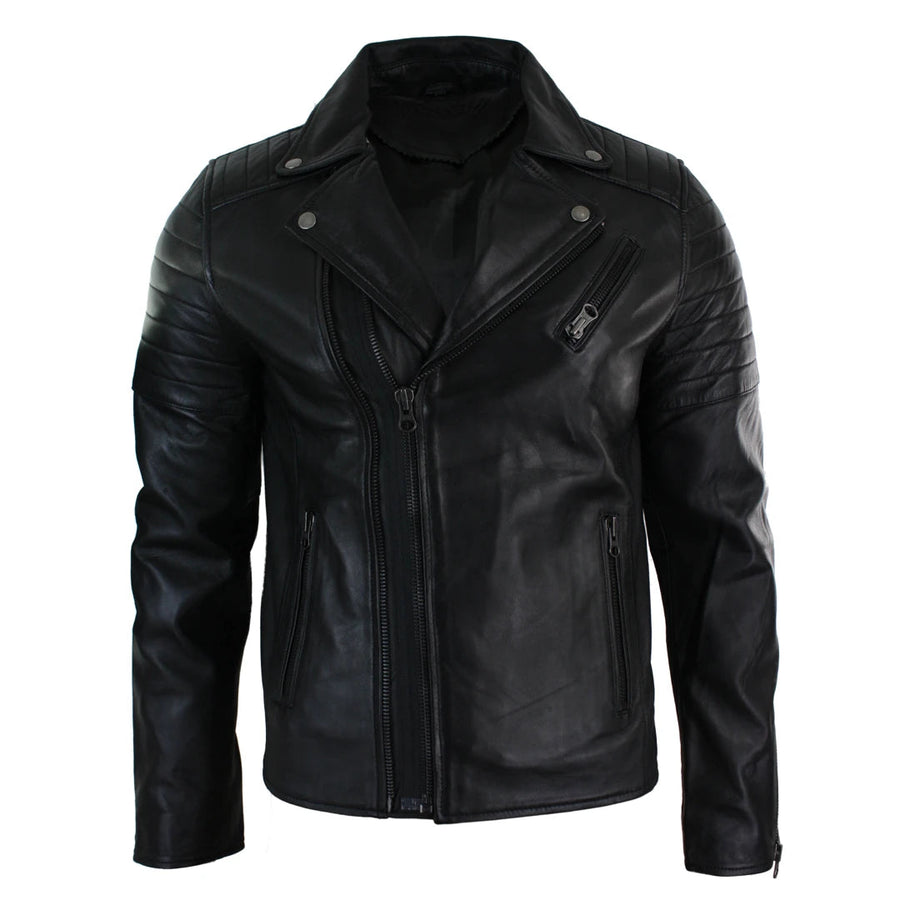 Men's Cross Zip Brando Leather Biker Jacket - Black - Infinity Leather - 1