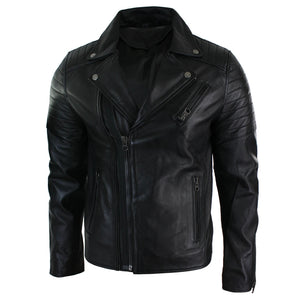 Giacca Aderente da Uomo in Vera Pelle e Zip Laterale Biker Brando retro Vintage - Nero - Infinity Leather - 2