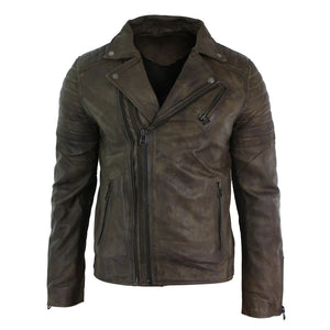 Giacca Aderente da Uomo in Vera Pelle e Zip Laterale Biker Brando retro Vintage - Marrone - Infinity Leather - 31
