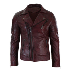 Giacca Aderente da Uomo in Vera Pelle e Zip Laterale Biker Brando retro Vintage - Bordeaux - Infinity Leather - 26
