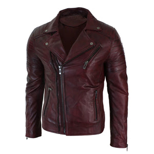Giacca Aderente da Uomo in Vera Pelle e Zip Laterale Biker Brando retro Vintage - Bordeaux - Infinity Leather - 27