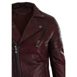 Giacca Aderente da Uomo in Vera Pelle e Zip Laterale Biker Brando retro Vintage - Bordeaux - Infinity Leather - 28