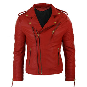 Giacca Aderente da Uomo in Vera Pelle e Zip Laterale Biker Brando retro Vintage - Rosso - Infinity Leather - 12