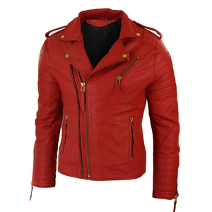 Giacca Aderente da Uomo in Vera Pelle e Zip Laterale Biker Brando retro Vintage - Rosso - Infinity Leather - 13
