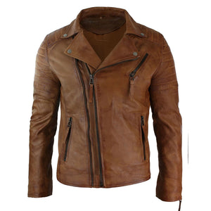 Giacca Aderente da Uomo in Vera Pelle e Zip Laterale Biker Brando retro Vintage - Nocciola - Infinity Leather - 22