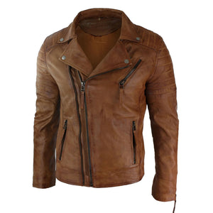 Giacca Aderente da Uomo in Vera Pelle e Zip Laterale Biker Brando retro Vintage - Nocciola - Infinity Leather - 23